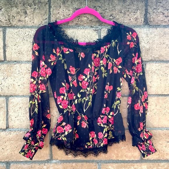 NEW NBD Revolve Dylan Black Red Floral Swiss Dot Off The Shoulder Blouse XS - Picture 9 of 9